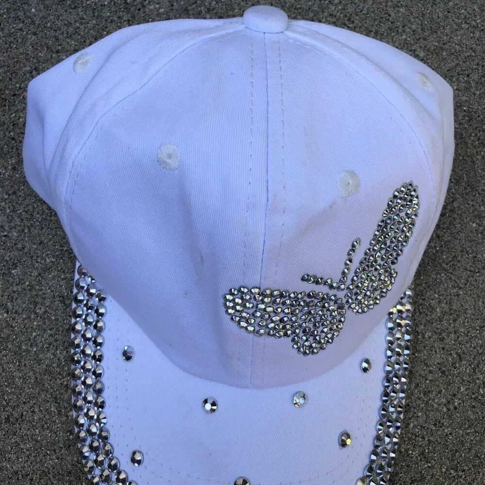 Custom Studded Butterfly Hat Women's 100% Cotton White Adjustable Cap​​